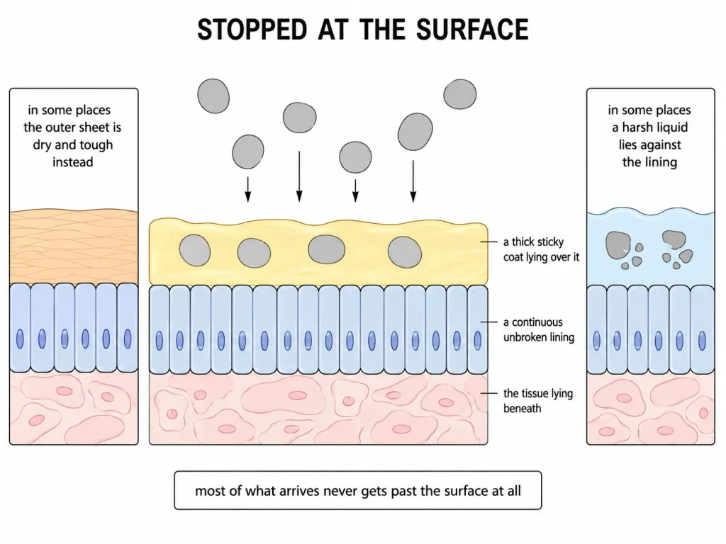 A cross-section of a body surface with a coat holding shapes outside