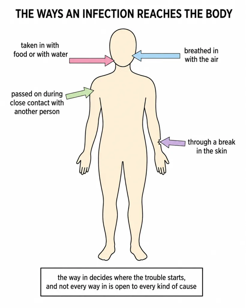 A body outline with arrows marking four ways an infection enters