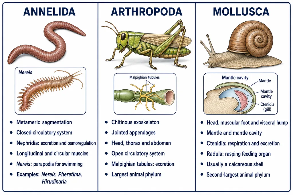 Annelid, arthropod and mollusc body plans compared