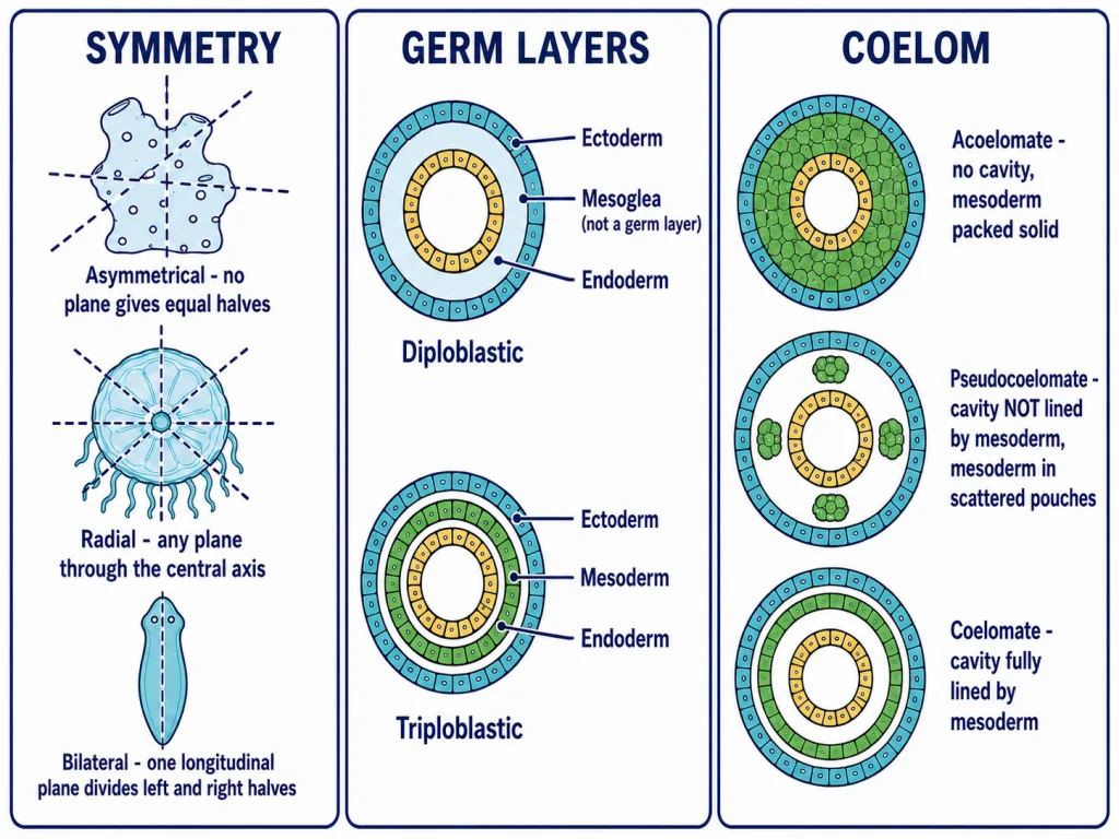 Symmetry, germ layers and coelom types compared