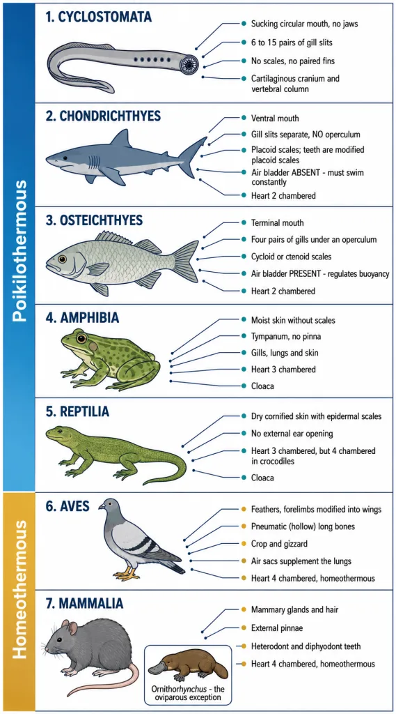 Distinguishing characters of seven vertebrate classes from cyclostomes to mammals