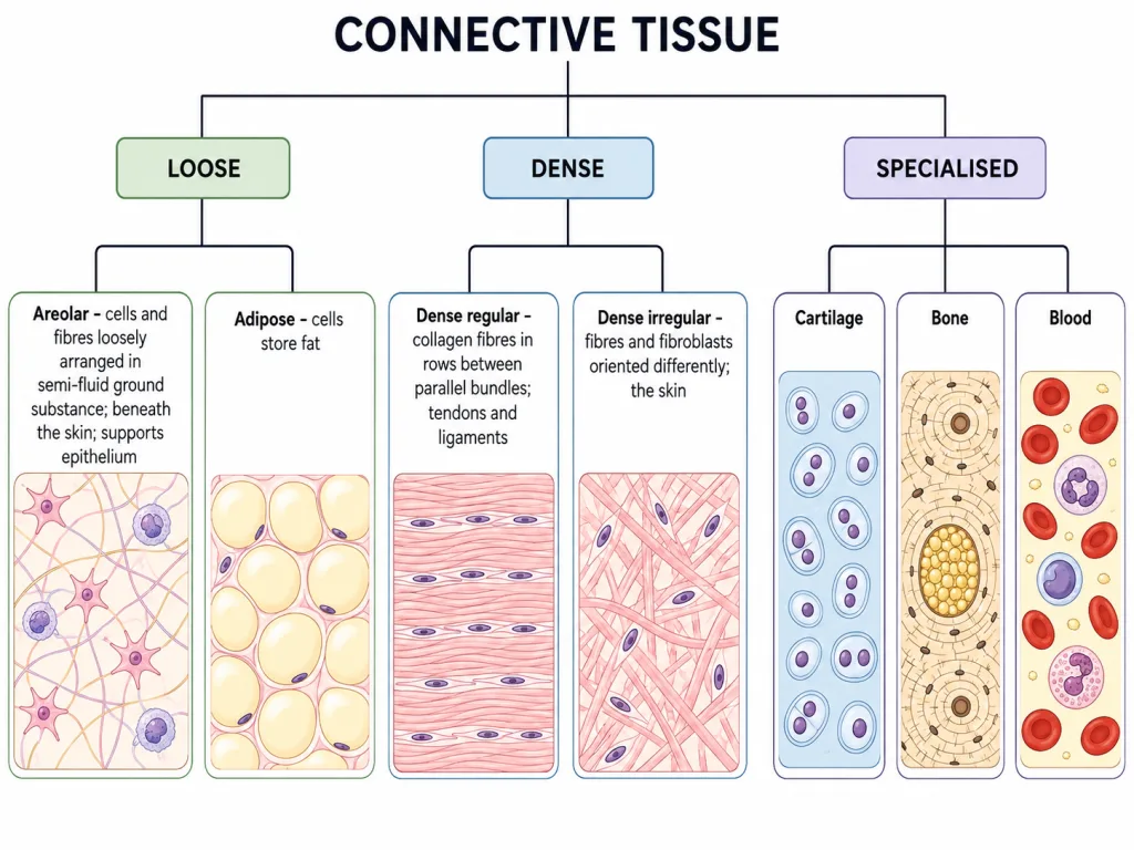 Loose, dense and specialised connective tissues arranged as one branching chart