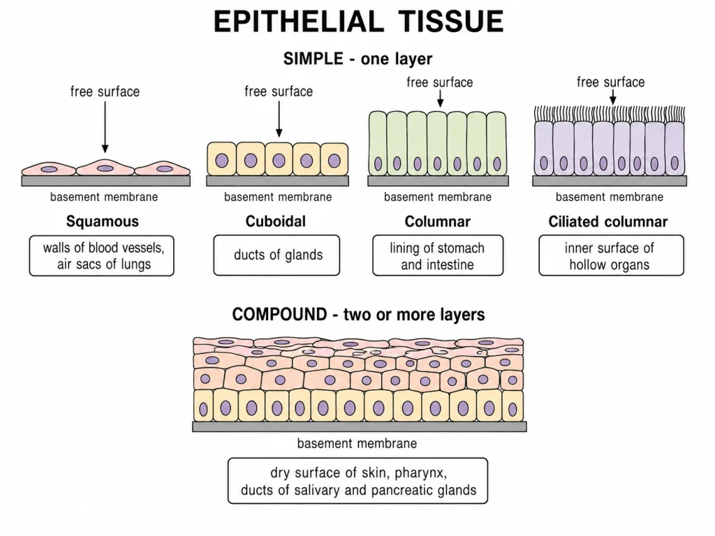 Simple and compound epithelia drawn side by side with their sites