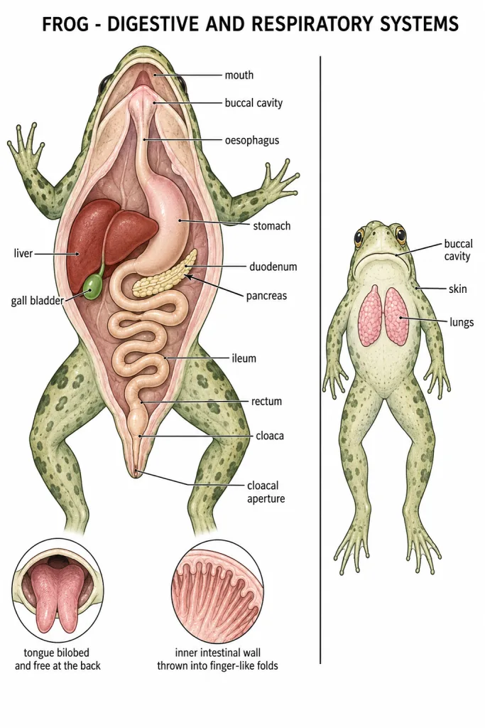 Frog alimentary canal with associated glands and its breathing surfaces