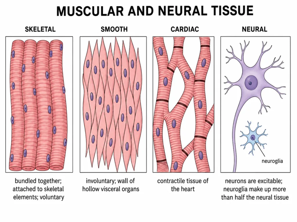 Skeletal, smooth and cardiac muscle compared, with a neuron beside them