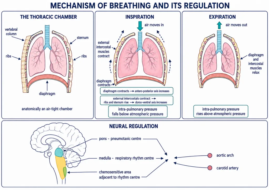 Thoracic chamber, breathing movements and neural regulation