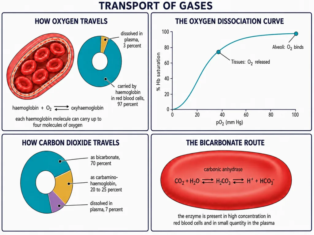 Oxygen and carbon dioxide transport between the alveoli and the body tissues
