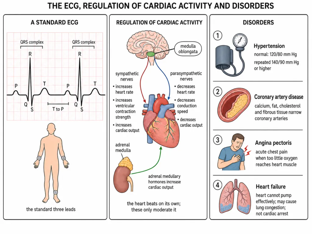 A standard ECG trace, the control of cardiac activity, and a narrowed coronary artery