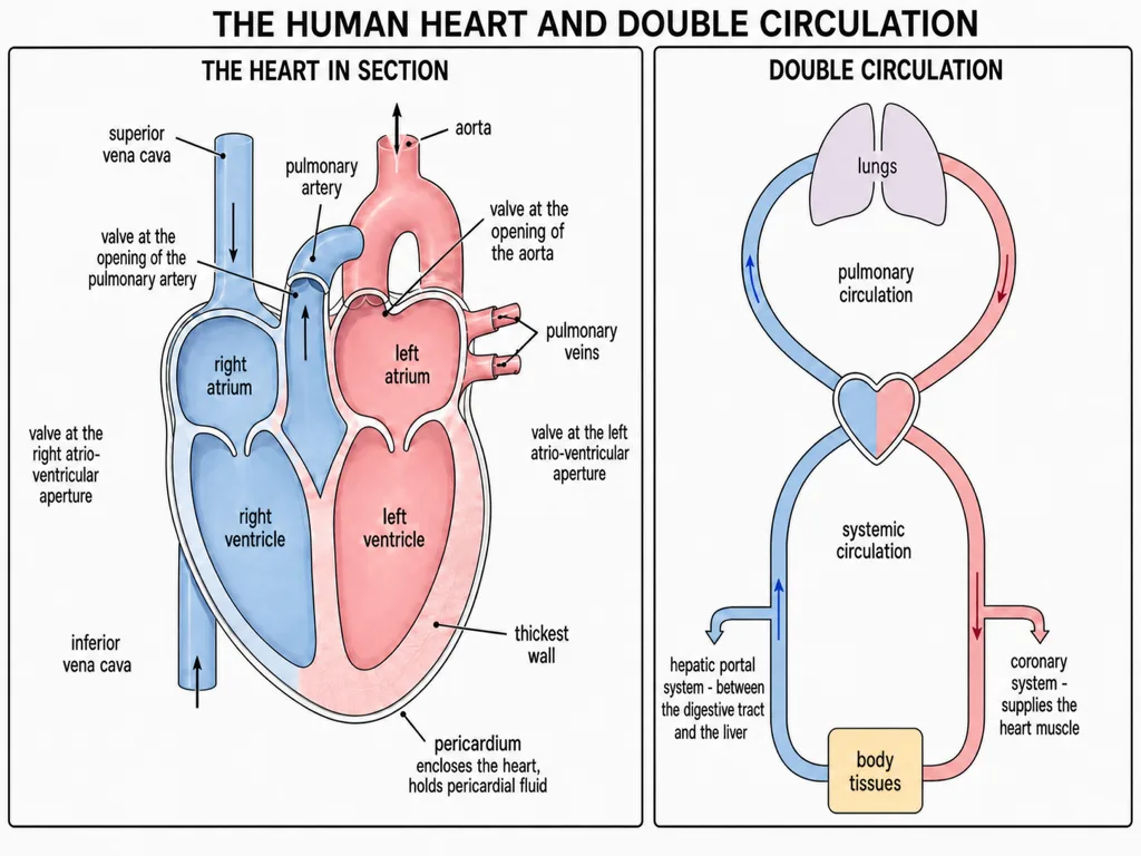 Heart chambers and valves beside pulmonary and systemic circulation