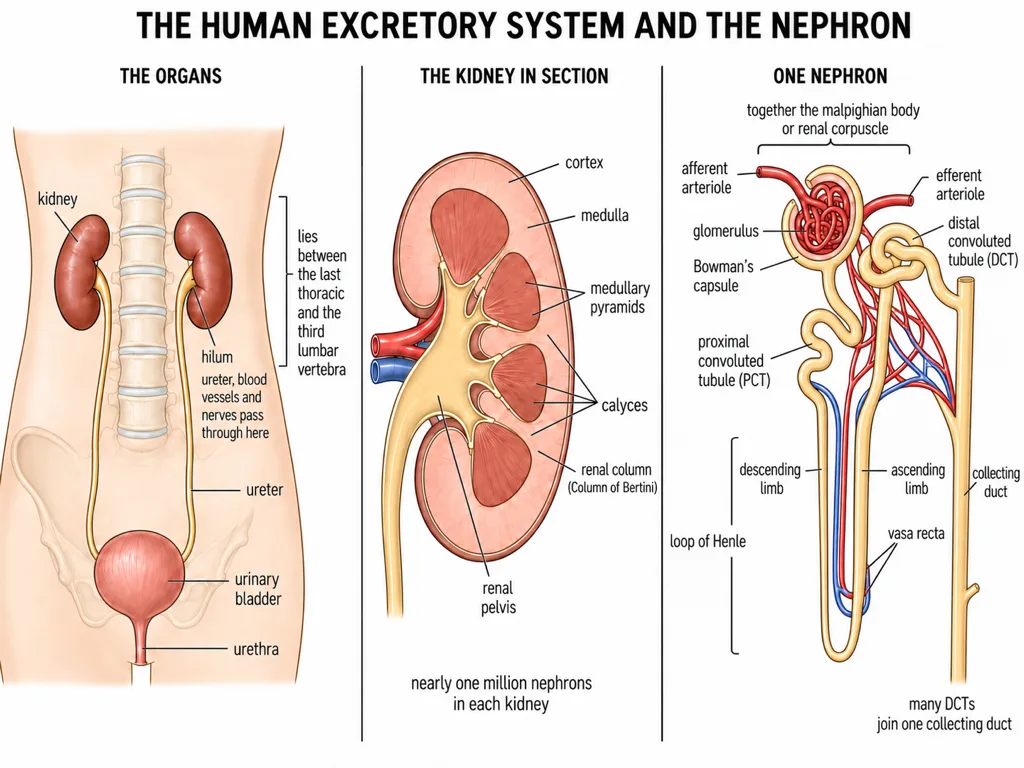 Human urinary system, kidney section and nephron