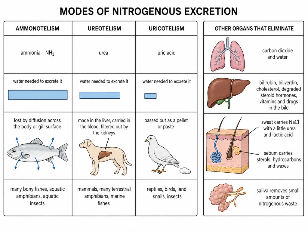 Modes of nitrogenous excretion and other excretory organs