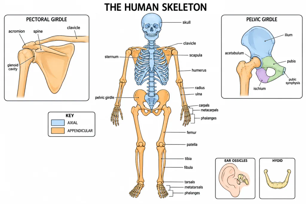 Whole skeleton with axial and appendicular parts tinted, plus girdle insets