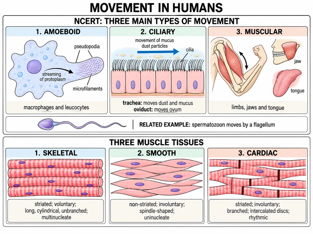 NCERT movement types, sperm flagellum example and three muscle tissue types