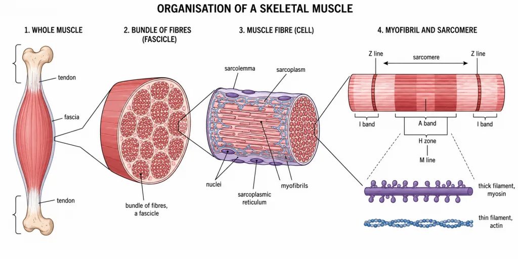 Muscle dissected into bundles, fibre, myofibril and a labelled sarcomere