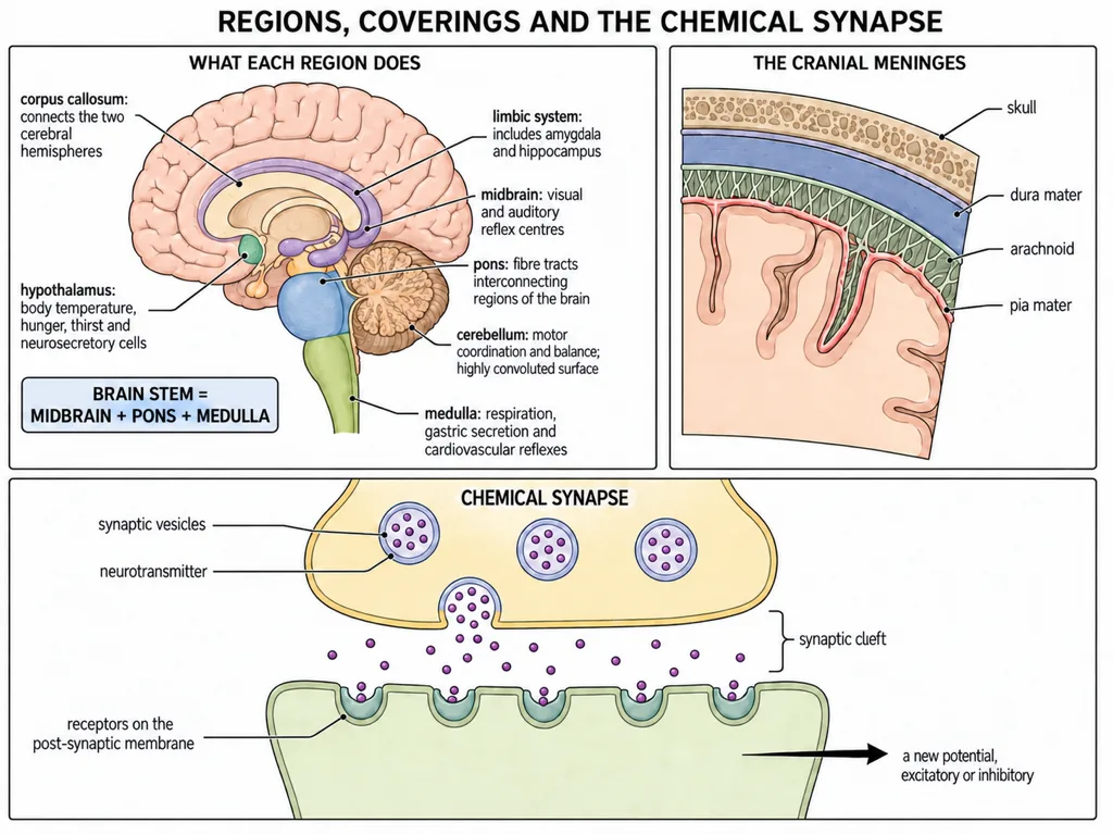 Brain functions, meninges and chemical synapse map