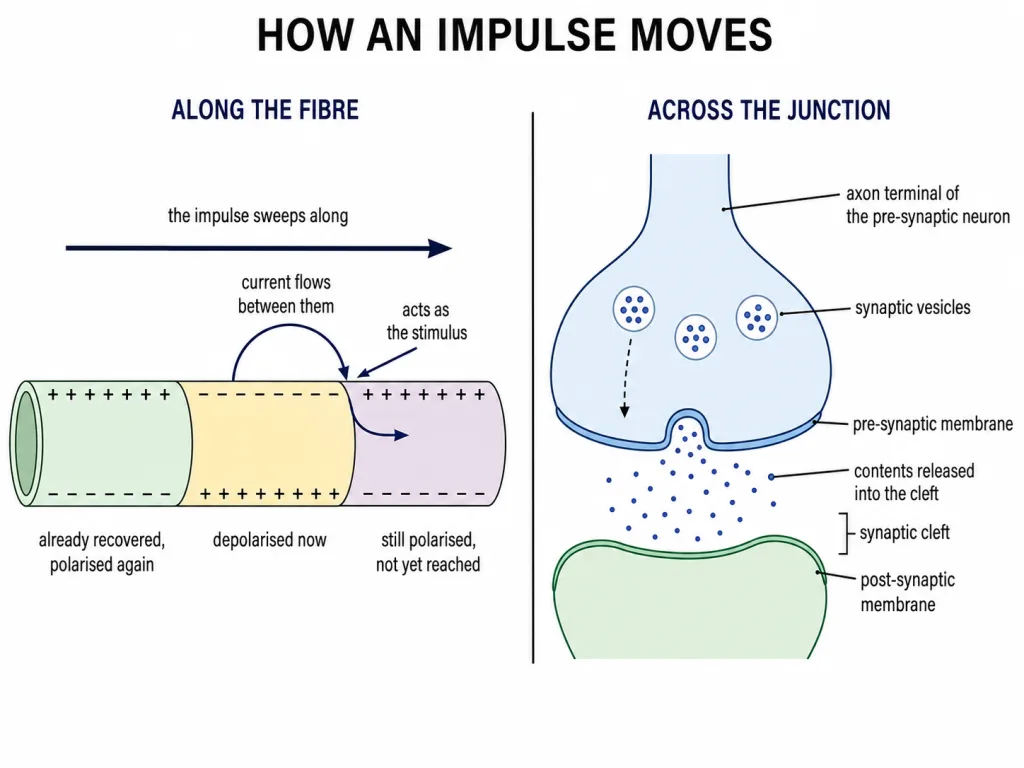 Impulse sweeping along an axon beside a junction between two neurons