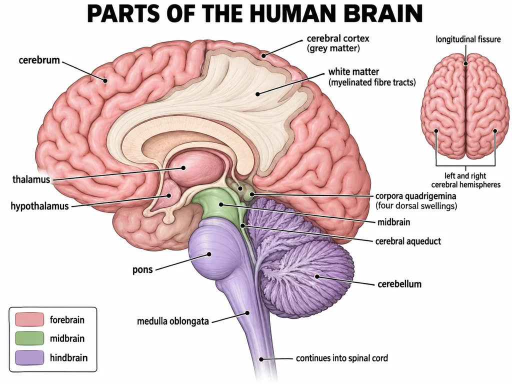 Labelled map of the major human brain regions