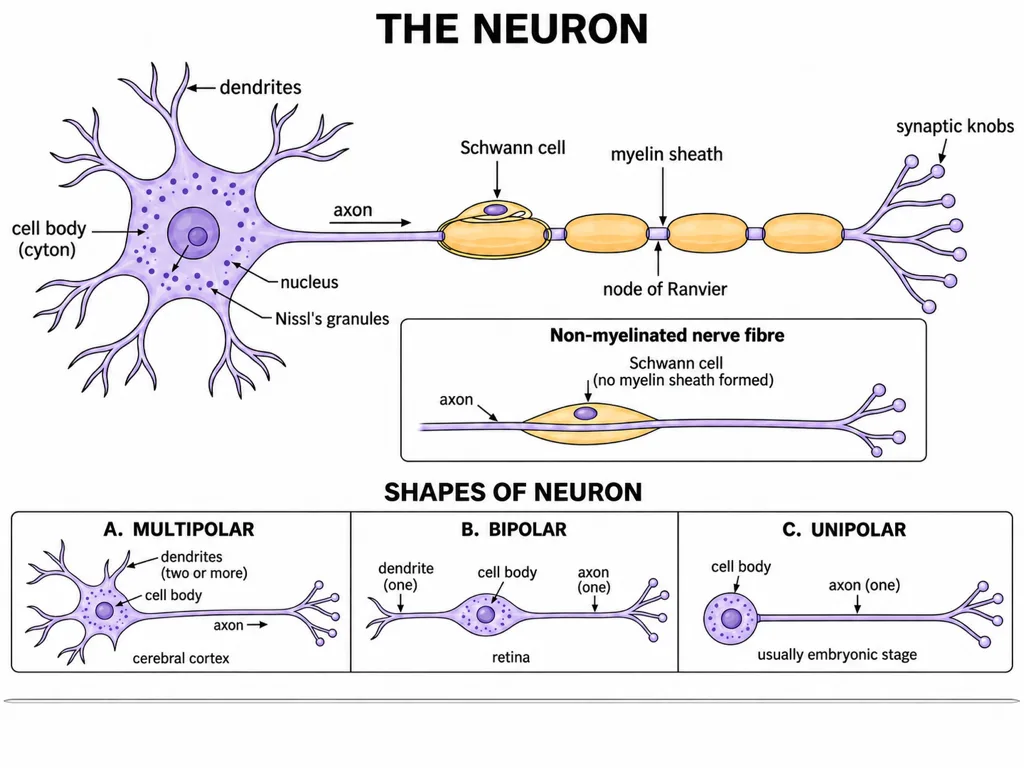 A labelled myelinated neuron above the three shapes of neuron