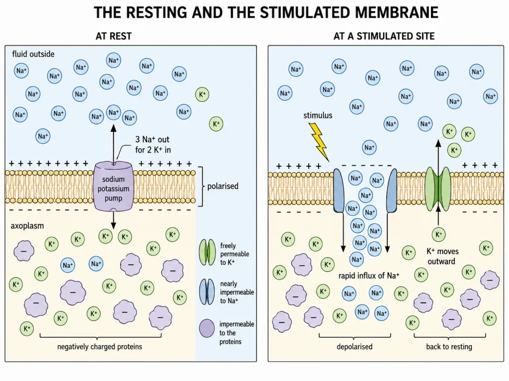 Ion distribution and pump at rest, then reversal at a stimulated site